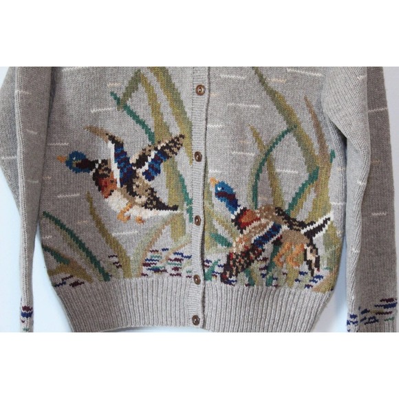 Lauren Ralph Lauren Lambswool Cardigan Hand Knit Mallard Duck Hunting M H13900 - Picture 4 of 11